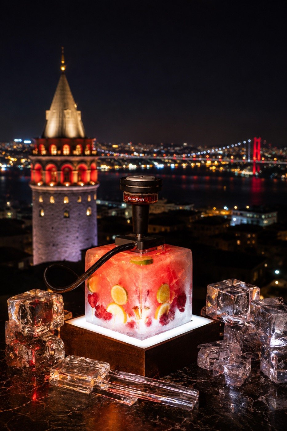 Hookah on a rooftop with Galata Tower and Bosphorus Bridge view, Istanbul